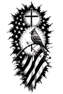 modern cross, cardinal bird, fishing rod, sun that looks like a baseball, American flag tattoo design idea