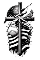 modern cross, cardinal bird, fishing rod, sun that looks like a baseball, American flag tattoo design idea