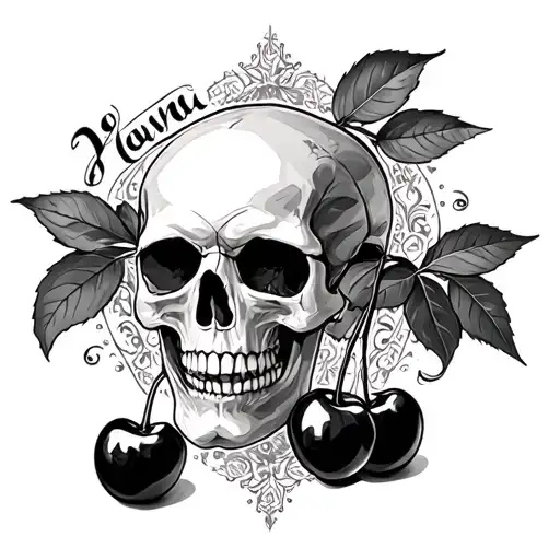 cherries and skulls jovana written inside surrounded tattoo design idea