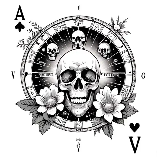 wheel of fortune tarot card with skulls and flowers  tattoo design idea