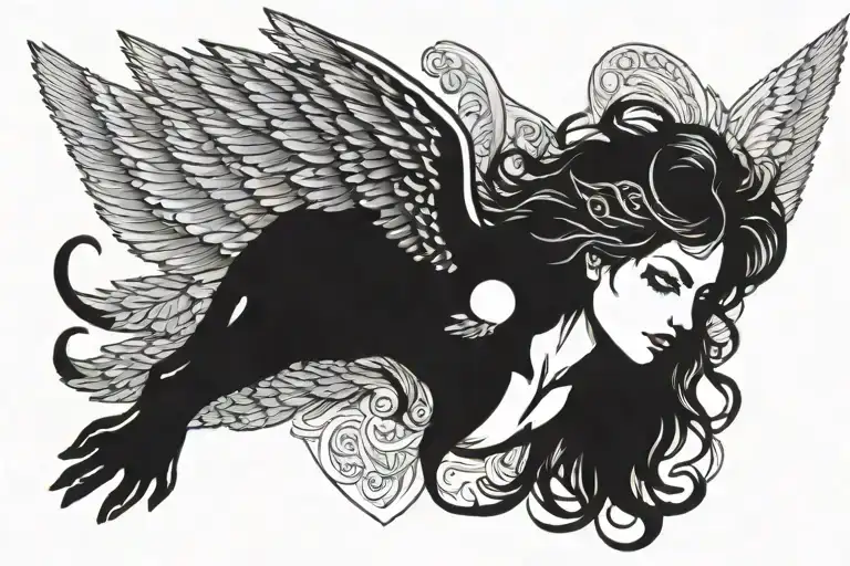 Woman dark angel with wings silloutte laying sideways on top of panther head  tattoo design idea