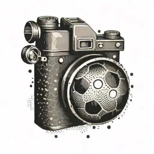A camera shutter with soccer ball patterns tattoo design idea