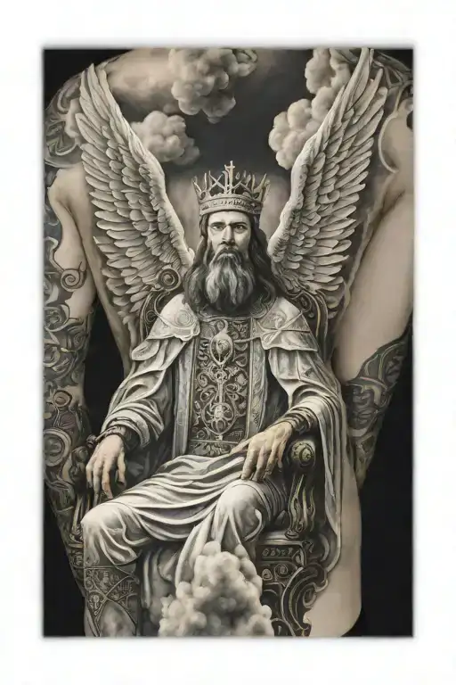 king of kings sitting on throne in cloud surrounded by flying angels and background of fire in half sleeve tattoo design idea