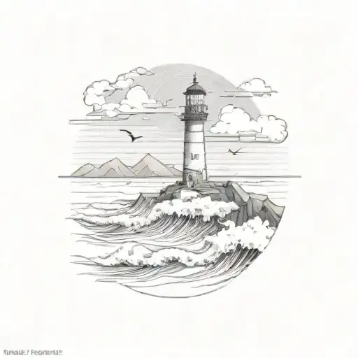 wave, plane, lighthouse, sea, mountain, one sun tattoo design idea