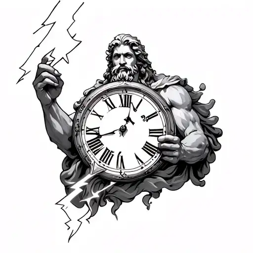 Zeus holding a lightning bolt, clock tattoo design idea
