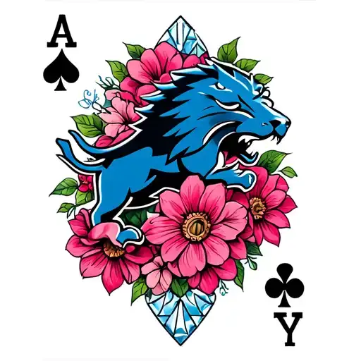 I want pink flowers, milk chocolate, the Detroit Lions lions logo, and spades, hearts, diamonds, and clubs all in the sh tattoo design idea