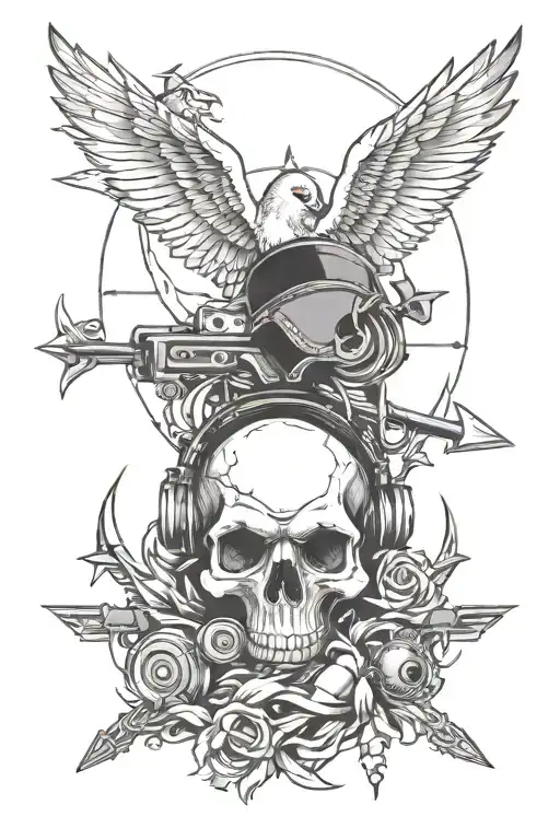 2 sparrows, squid, nautical star, pig and rooster, skull with headphones and an arrow through it, 2 crossed cannons tattoo design idea