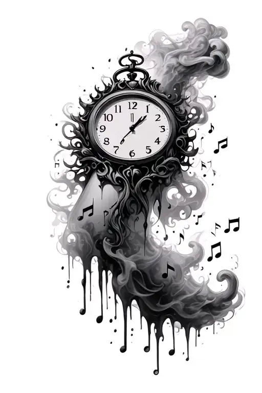 clock melting 13 incorporated with smoke random music notes floating down my arm  tattoo design idea