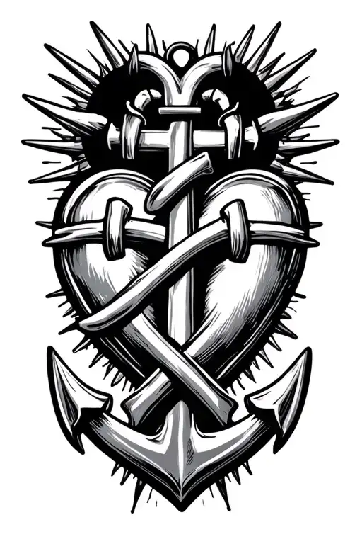 heart cross anchor spikes crossed over each other tattoo design idea