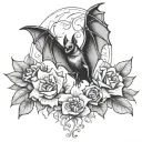 bat with wings spread and flowers  tattoo design idea