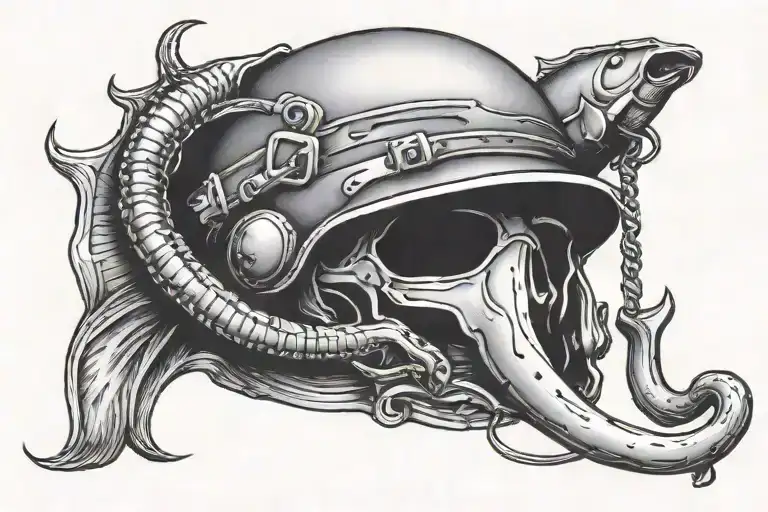 semi colon, fishing hook, army helmet tattoo design idea