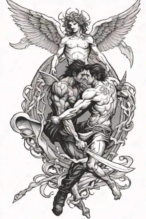 Angel and deamon fight scene tattoo design idea