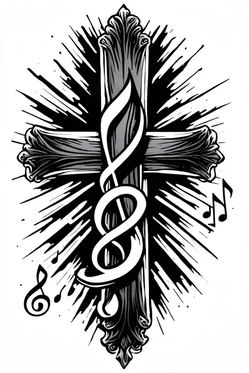 black rustic cross with a music note intertwined for a man's forearm tattoo design idea