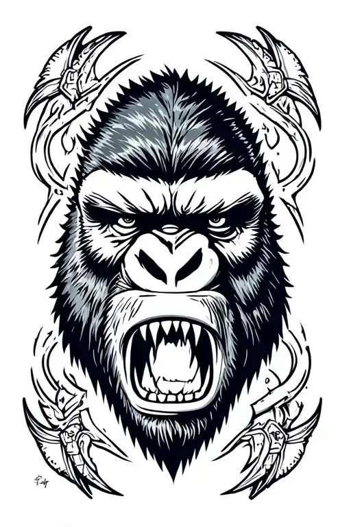 King Kong face with war scares facing the apex predator with dark faded back outline tattoo design idea