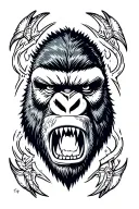 King Kong face with war scares facing the apex predator with dark faded back outline tattoo design idea