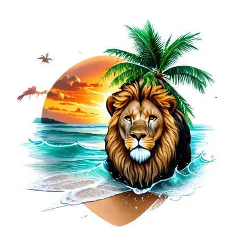 A decor with palm trees of water and sand, as well as a lion head, a watch on one leg tattoo design idea