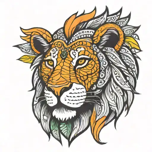 African lion with a african pattern as a mane. second half of the face of the lion to be a japanese koi fish in orange tattoo design idea