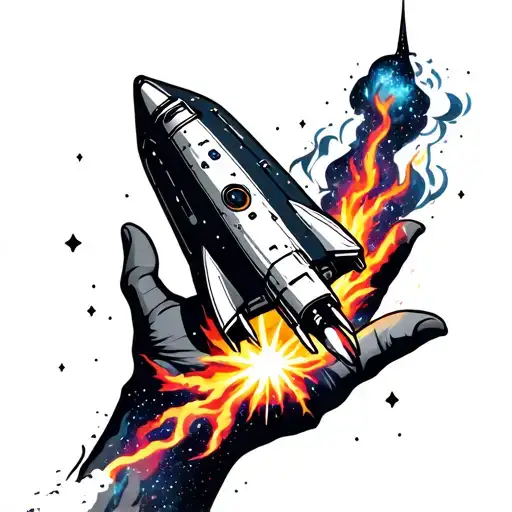 small spaceship launching from the center of a hand, flames and smoke in cosmic colors, nebula in background tattoo design idea