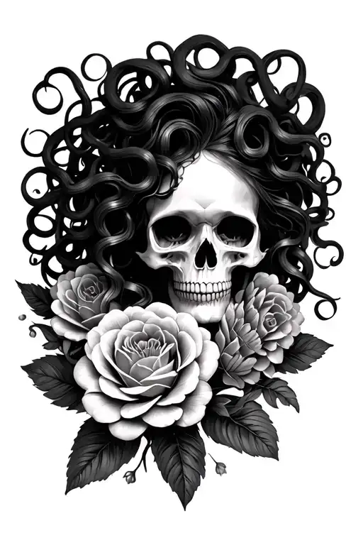 Medusa head and feminine skull surrounds by flowers tattoo design idea