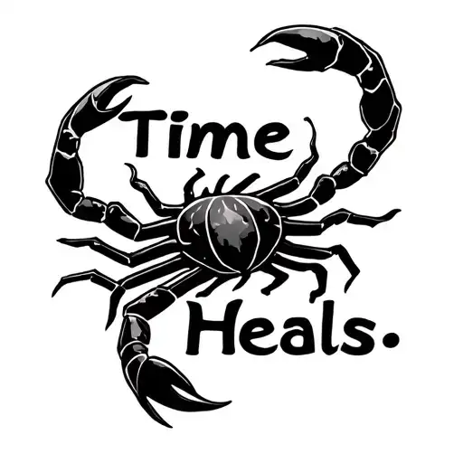 create me a tattoo that says “Time Heals;” in cursive but replace the “m” with the scorpio logo tattoo design idea