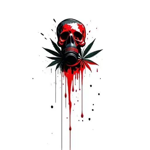 composition,skull with gas mask,marijuana leaves in the background,dripping blood tattoo design idea