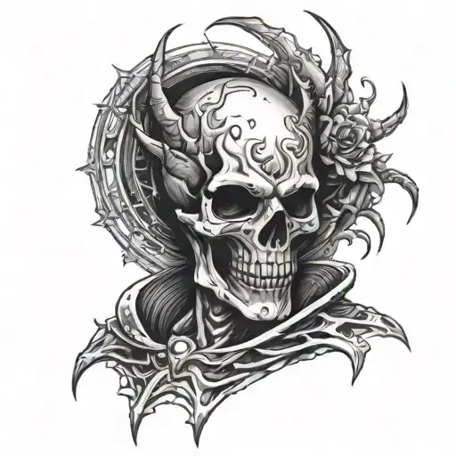 scary skeleton devil on your shoulder whispering violent death and destruction in your ear tattoo design idea