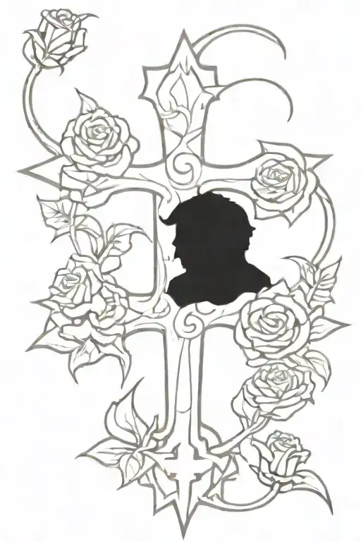 cross surrounded by a dragon and roses  tattoo design idea
