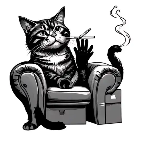 I want a tattoo style of a cat sitting on a chair smoking a cigarette, hanging on boxes gloves tattoo design idea