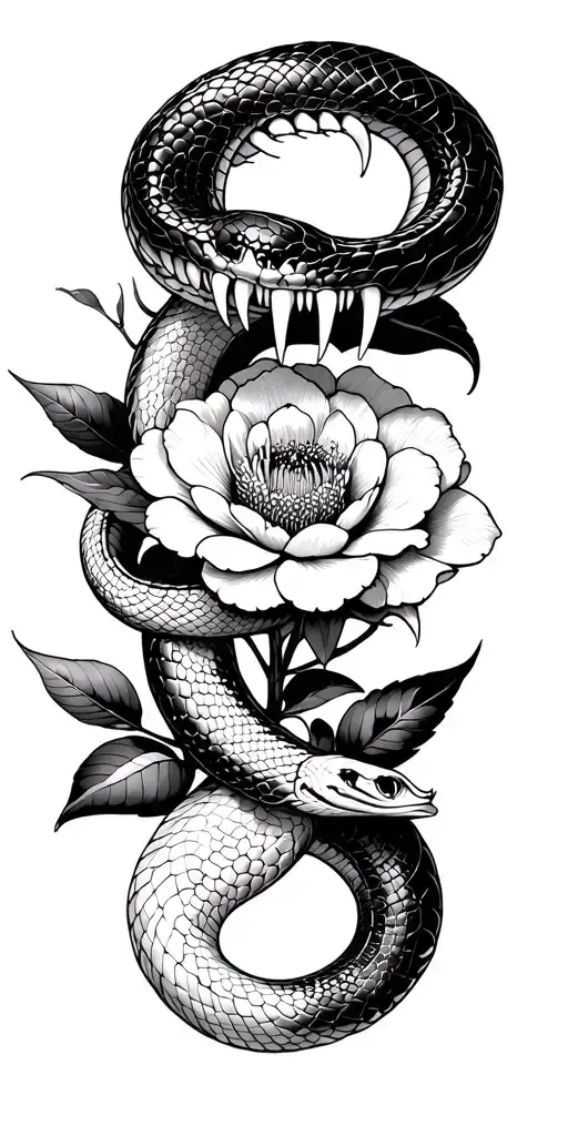 Flowers and snake with large fangs tattoo design idea