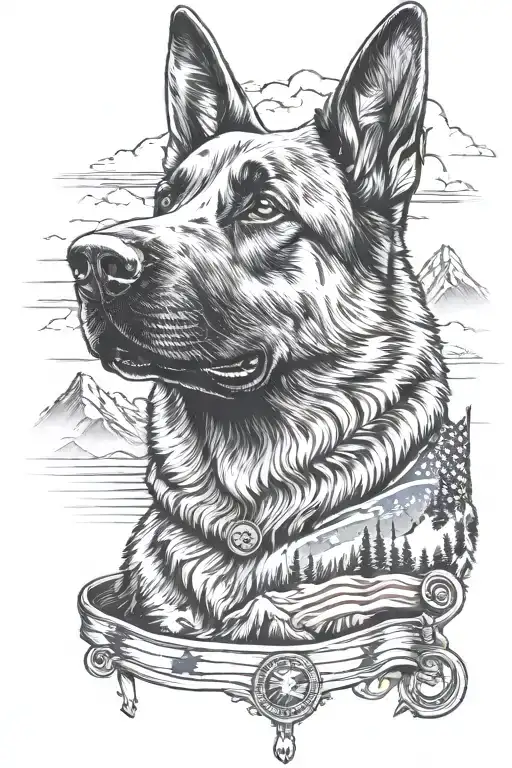 German shepherd portrait saying "diabetes" mountain scene American flag waving tattoo design idea