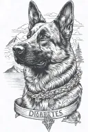 German shepherd portrait saying "diabetes" mountain scene American flag waving tattoo design idea
