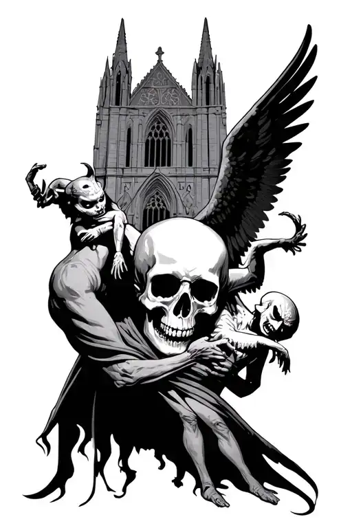 a skull holding 2 puppets, a angel and a demon that are fighting with a gothic cathedral on their background tattoo design idea