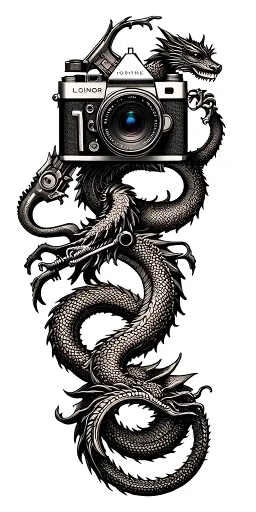 A blackwork tattoo of a vintage camera surrounded by motorcycle parts, with a dragon coiled around them in a protective stance, blending the client's interests in photography, motorcycles, and mythical creatures tattoo design idea