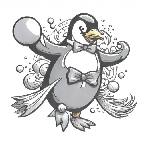 black and white cartoon tattoo of A penguin with a bowtie falling on a banana peel while juggling snowballs. tattoo design idea