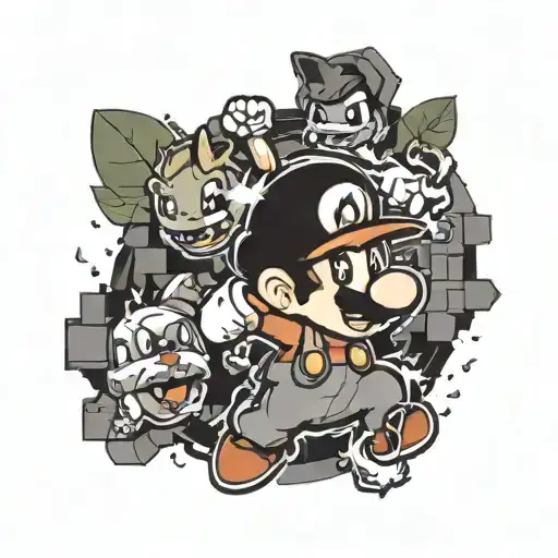 Create me a tattoo of Mario from the Nintendo series exploding through a brick wall with Pokémon, charmander, bulbasaur  tattoo design idea