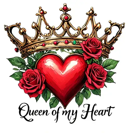 "Queen of my Heart" crown and heart intertwined with roses tattoo design idea