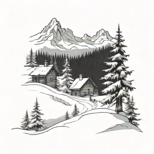 Mont Blanc, snow-covered fir trees and stumps, skier with hat descending between the fir trees, star, small village church tattoo design idea
