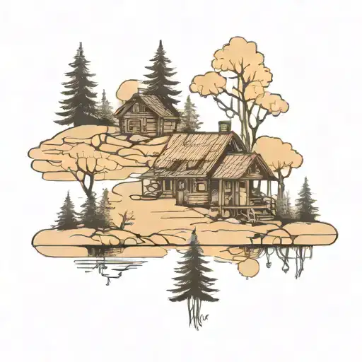 small cabins at lake spooky  tattoo design idea