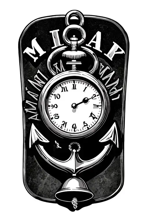navy anchor with a pocket watch in the center, a small bell hanging fom the bottom of the anchor, MILITARY dog tags tattoo design idea
