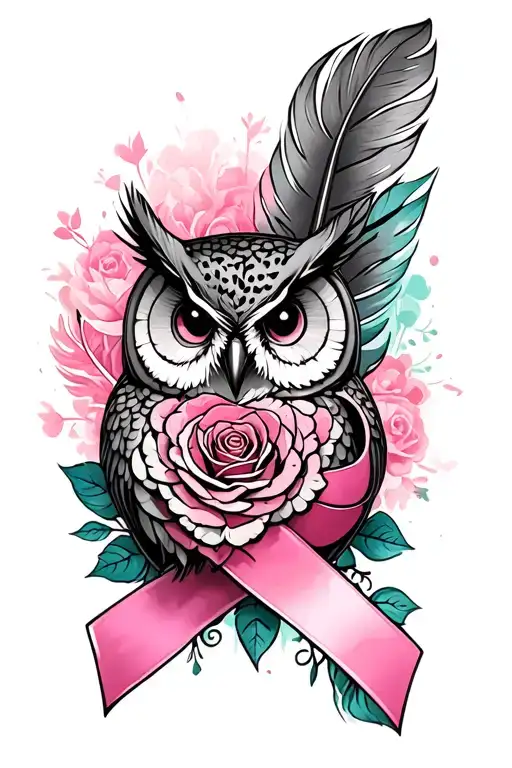 multicolor rose feather owl breast cancer ribbon wrapped tattoo design idea