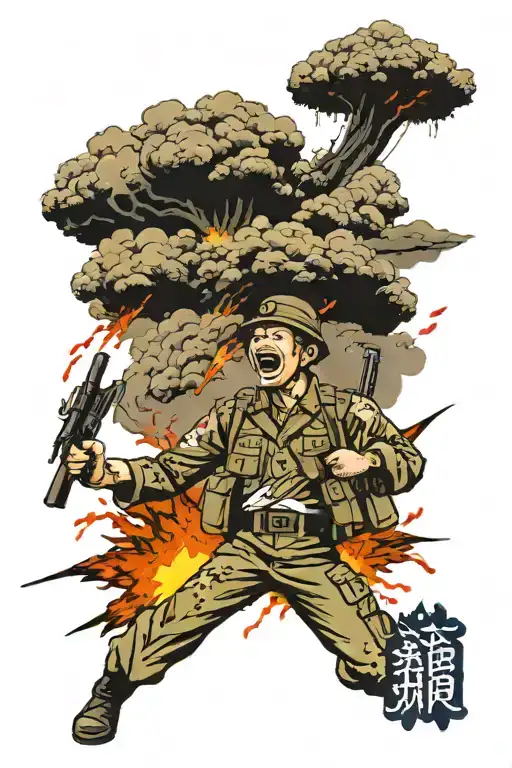 soldier yelling foreground, soldiers war scene background, blood, nuclear explosion, loss of trust in the world tattoo design idea