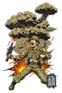 soldier yelling foreground, soldiers war scene background, blood, nuclear explosion, loss of trust in the world tattoo design idea