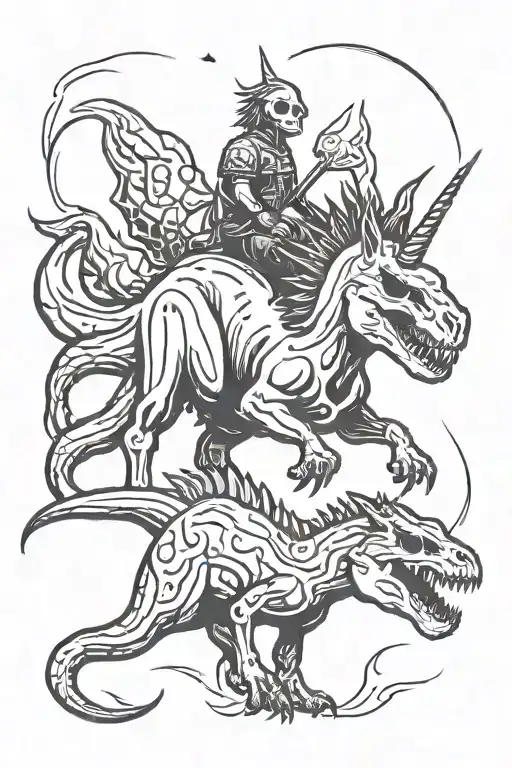skull and unicorn riding a dinosaur tattoo design idea
