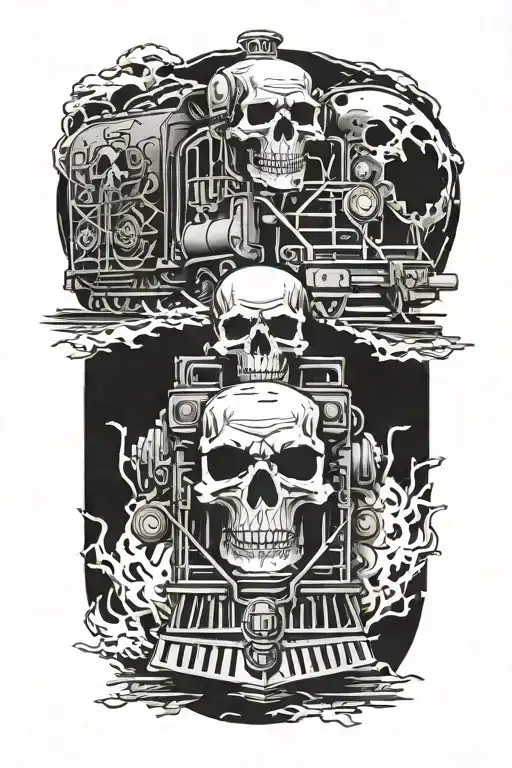 Evil Railroad train with grim reaper skull and high horsepower engines and camshafts tattoo design idea