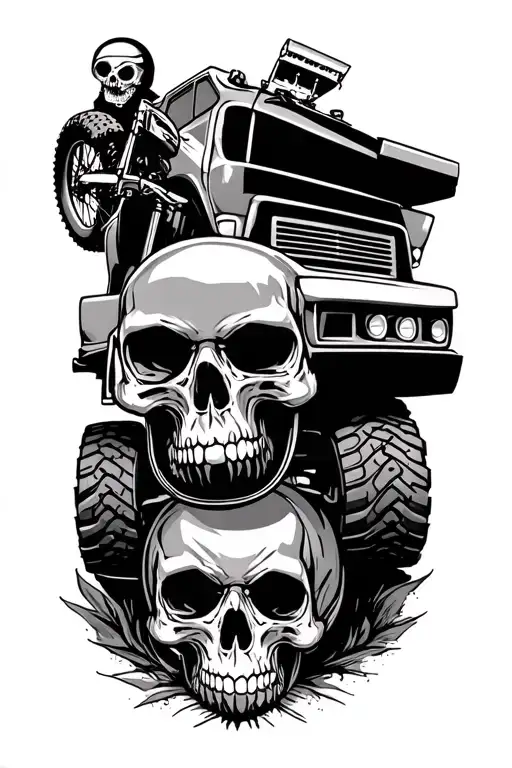 motocross,dump truck, off-roading skulls tattoo design idea