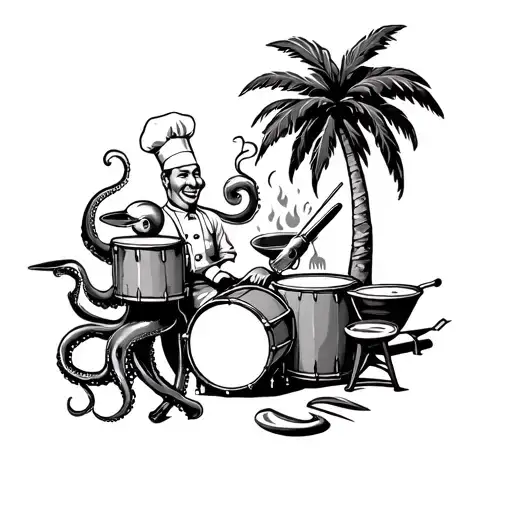 drums, palm tree, octopus, chef cooking up a storm tattoo design idea