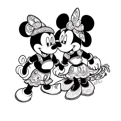 Black and white illustration in the style of Mexican folk art with Art Deco influences. Central to the picture: Mickey and Minnie Ma tattoo design idea