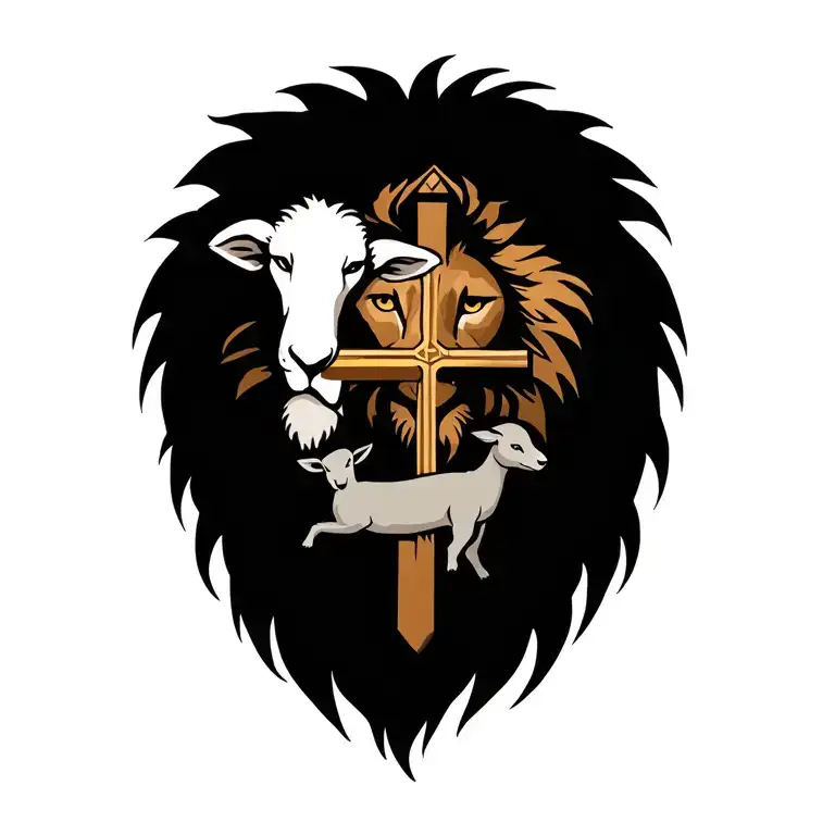 "Lion of Judah " lion, cross, and lamb laying tattoo design idea