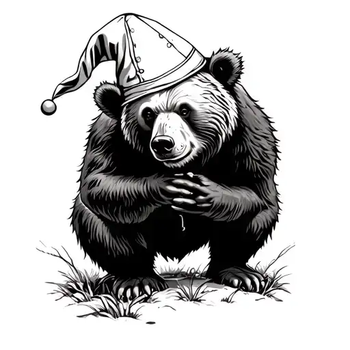 Bear squatting pooping in the woods wearing a popes hat tattoo design idea