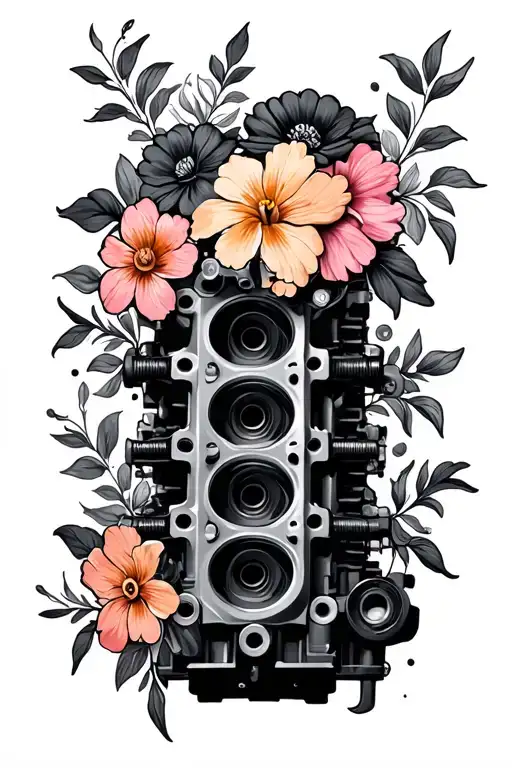 v8 engine block with flowers tattoo design idea